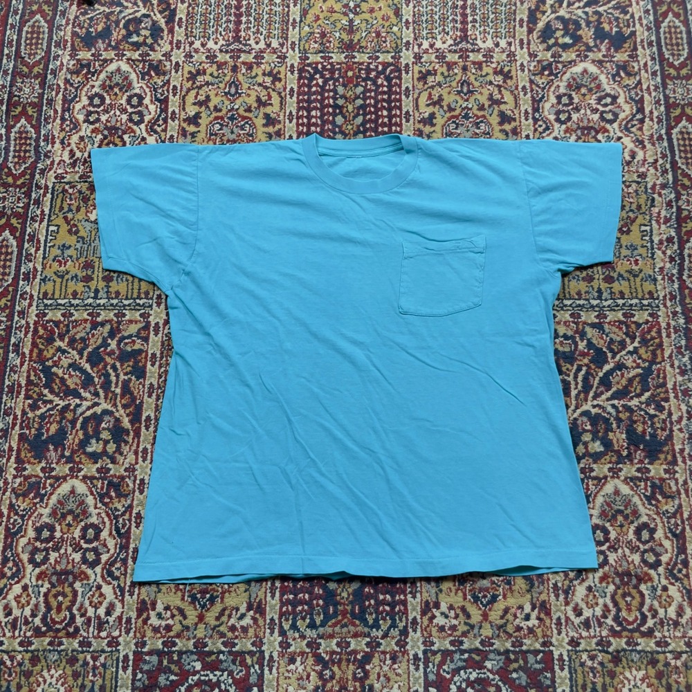 VTG 80s 90s Aqua Turquoise‎ Blue Selvedge Pocket T Shirt Single Stitch USA L